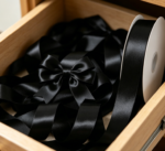 Black matte solid color satin ribbon whole roll for Halloween, Christmas, floral arrangements, handmade hair accessories, wedding decorations, and ribbons
