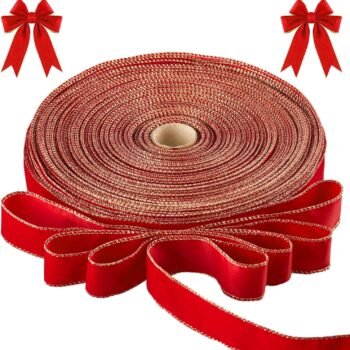 Bright red edged velvet ribbon, Christmas wreath outdoor floral gift box binding holiday scene decoration ribbon